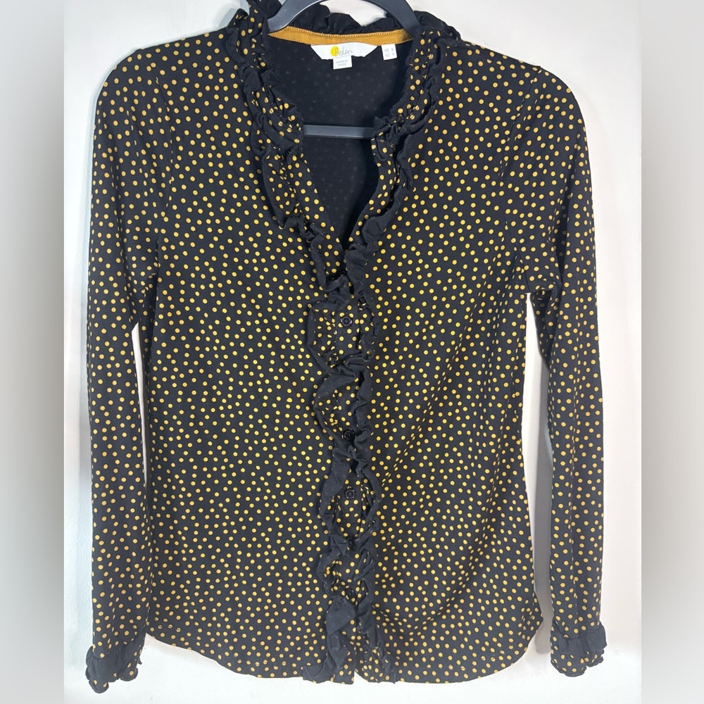 Boden Alberta Jersey Black‎ & Gold Polka Dots button front blouse SZ 4